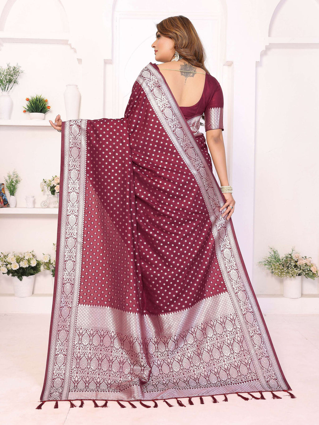 Wine Georgette Silk Saree with Traditional Zari Weaving