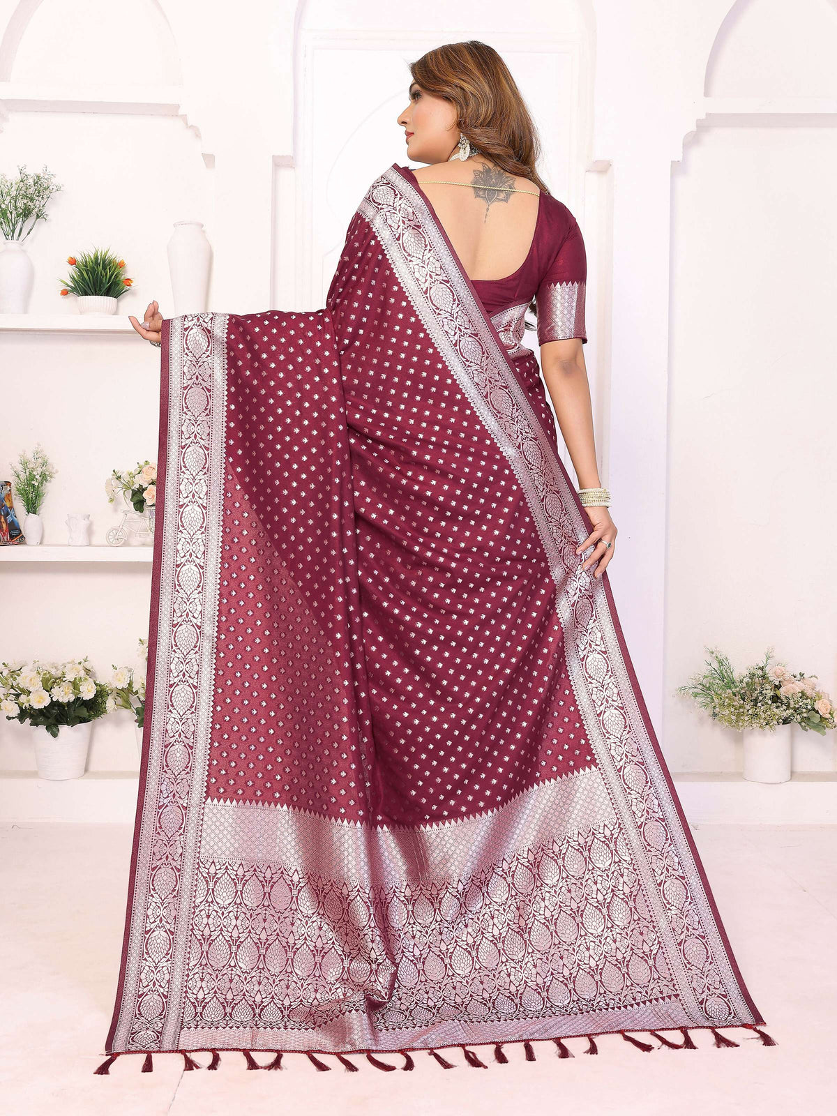 Wine Georgette Silk Saree with Traditional Zari Weaving