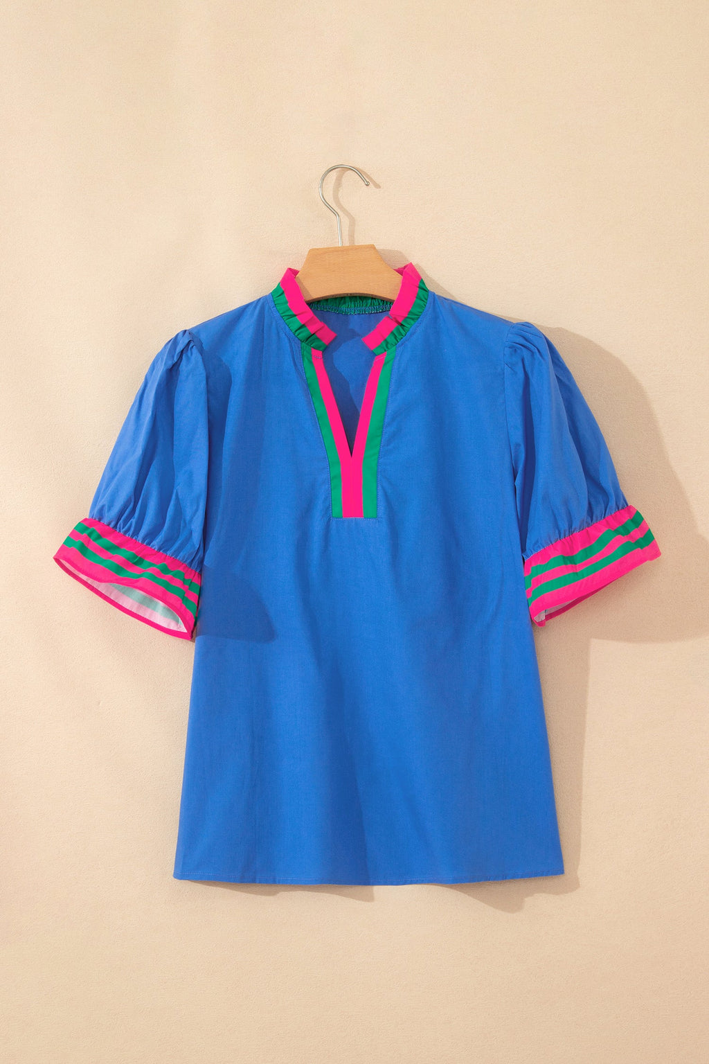 Stripe Frilled Collar Ruffle Short Sleeve Blouse - Green Blue Pink