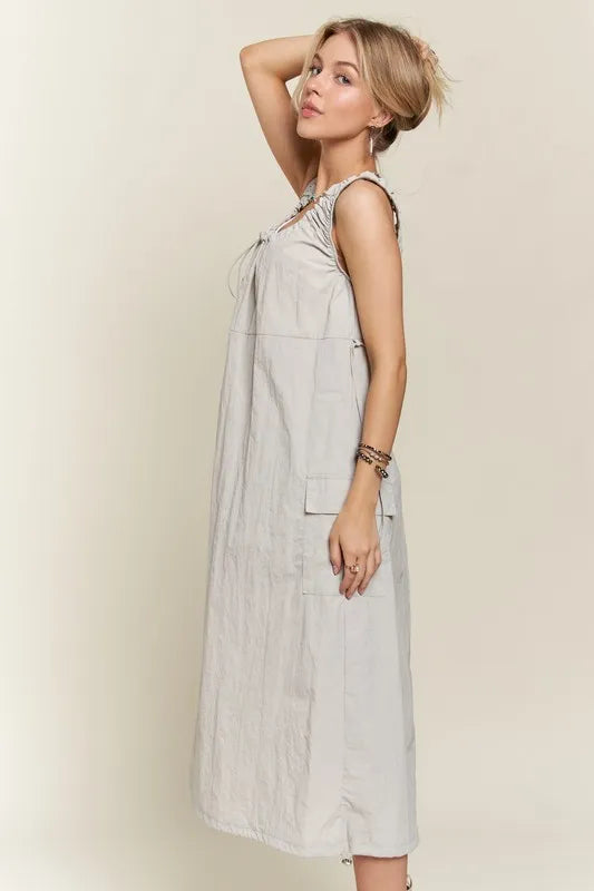Summer Drawstring Slit Back Cargo Dress in Light Grey & Beige