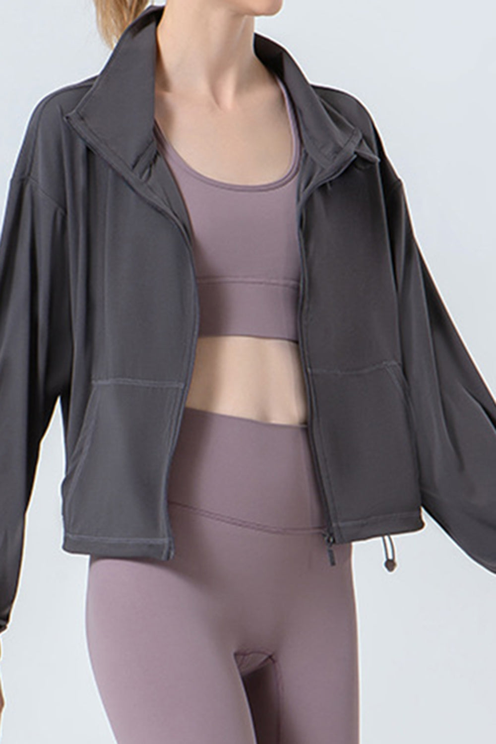 Drawstring Zip Up Dropped Shoulder Active Jacket