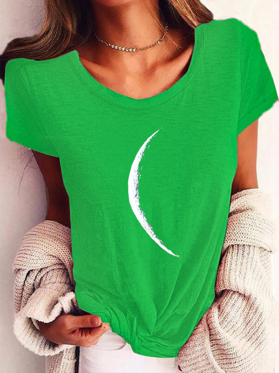 Women Short Sleeve Crescent Moon Print T-Shirt Casual Wide Neck - Image 4