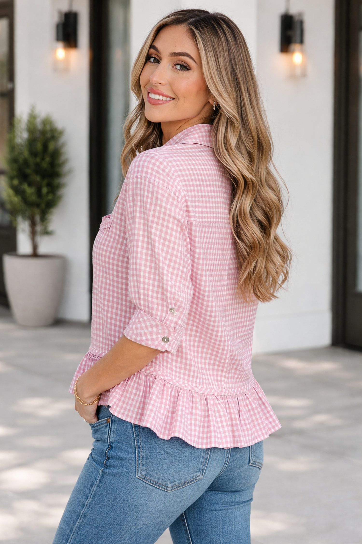 Lylah Ruffle Hem Down Shirt in Pink or White