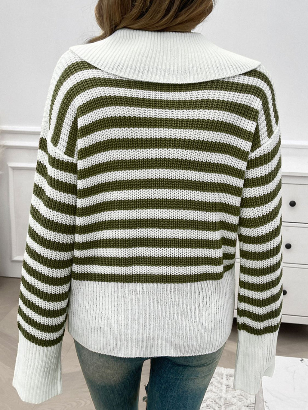Women's Collared Striped Knit Sweater in Brown and White - Image 21