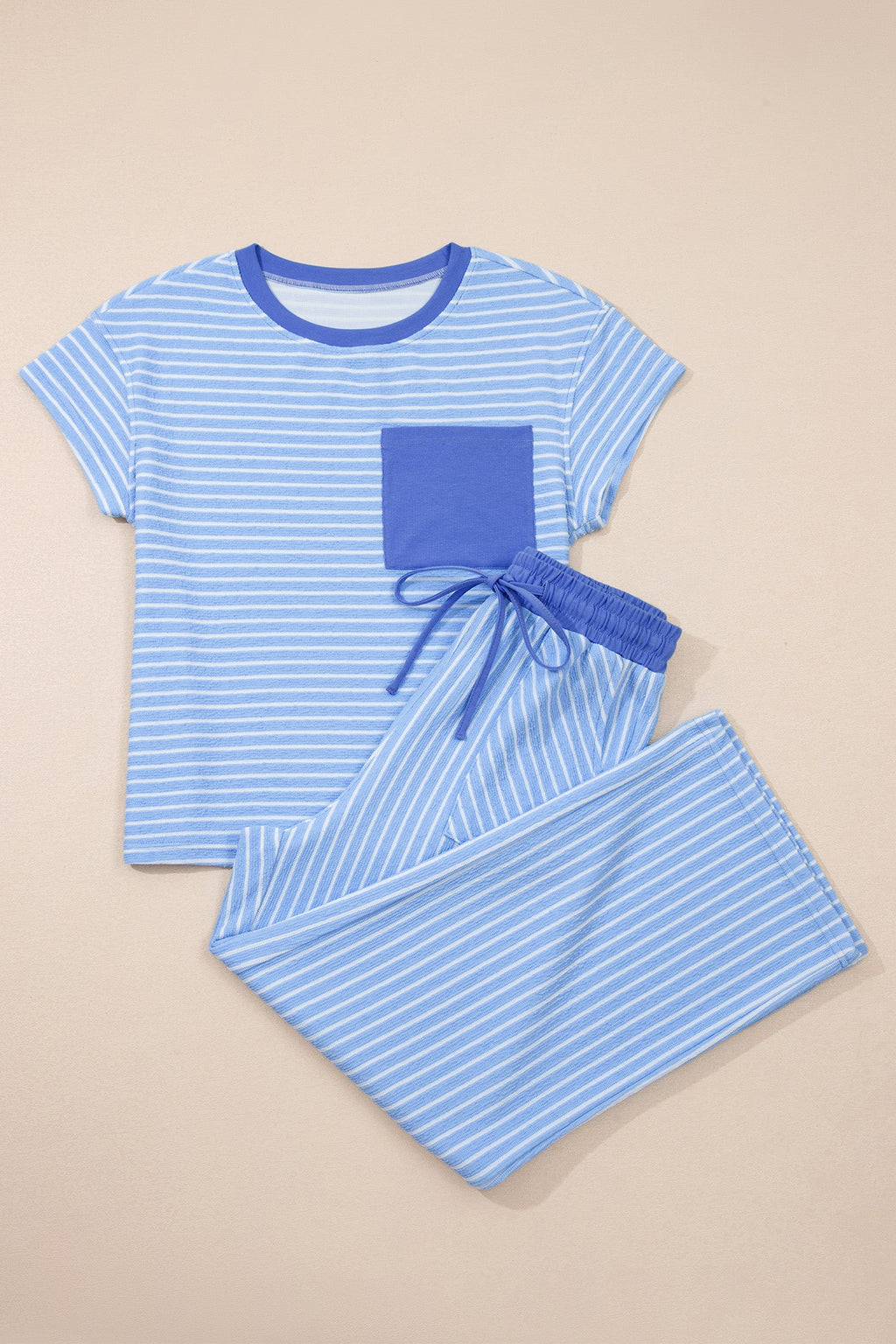 Women's Striped Crew Neck Tee and Drawstring Pants Loungewear Set