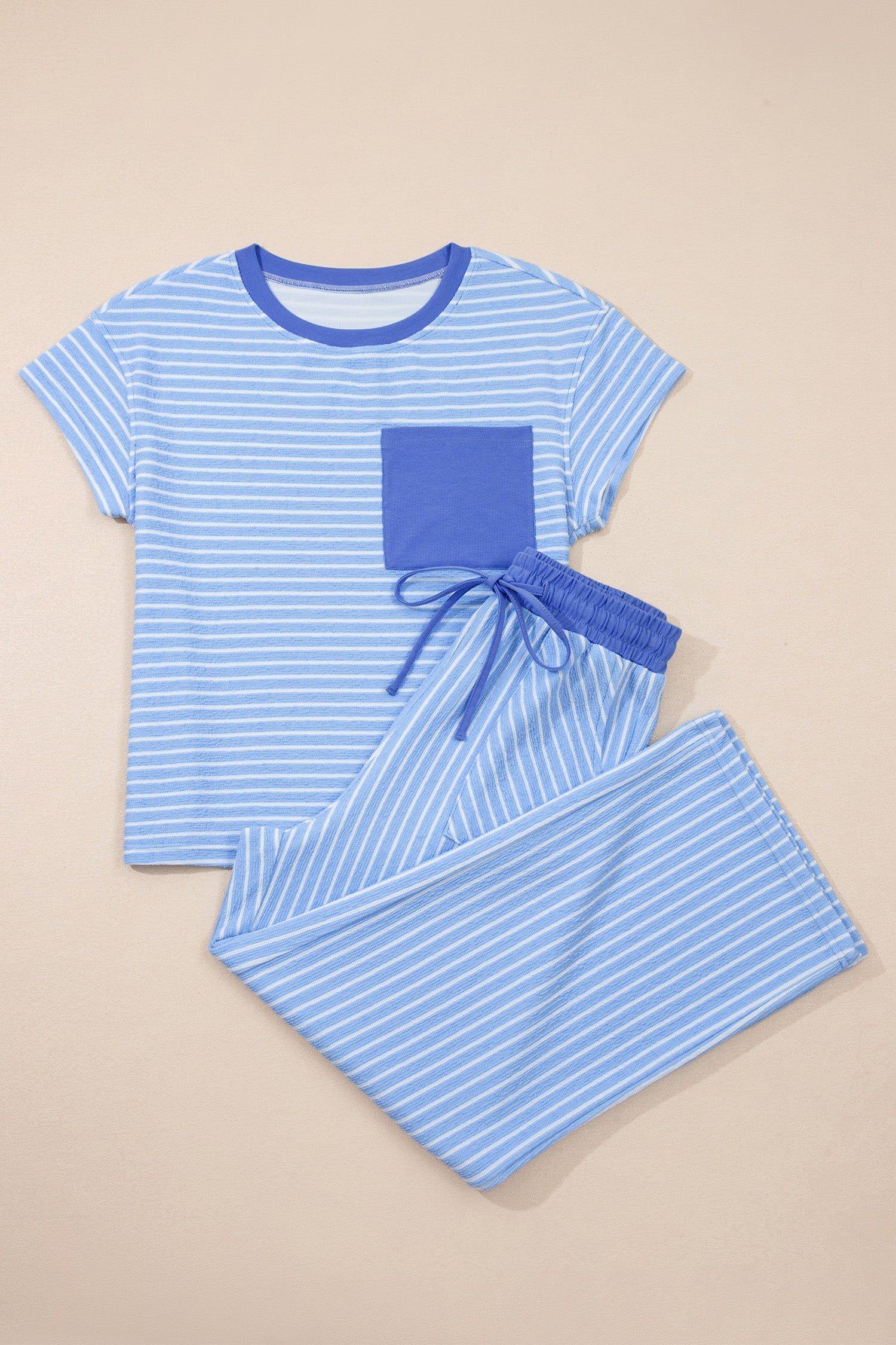 Women's Striped Crew Neck Tee and Drawstring Pants Loungewear Set