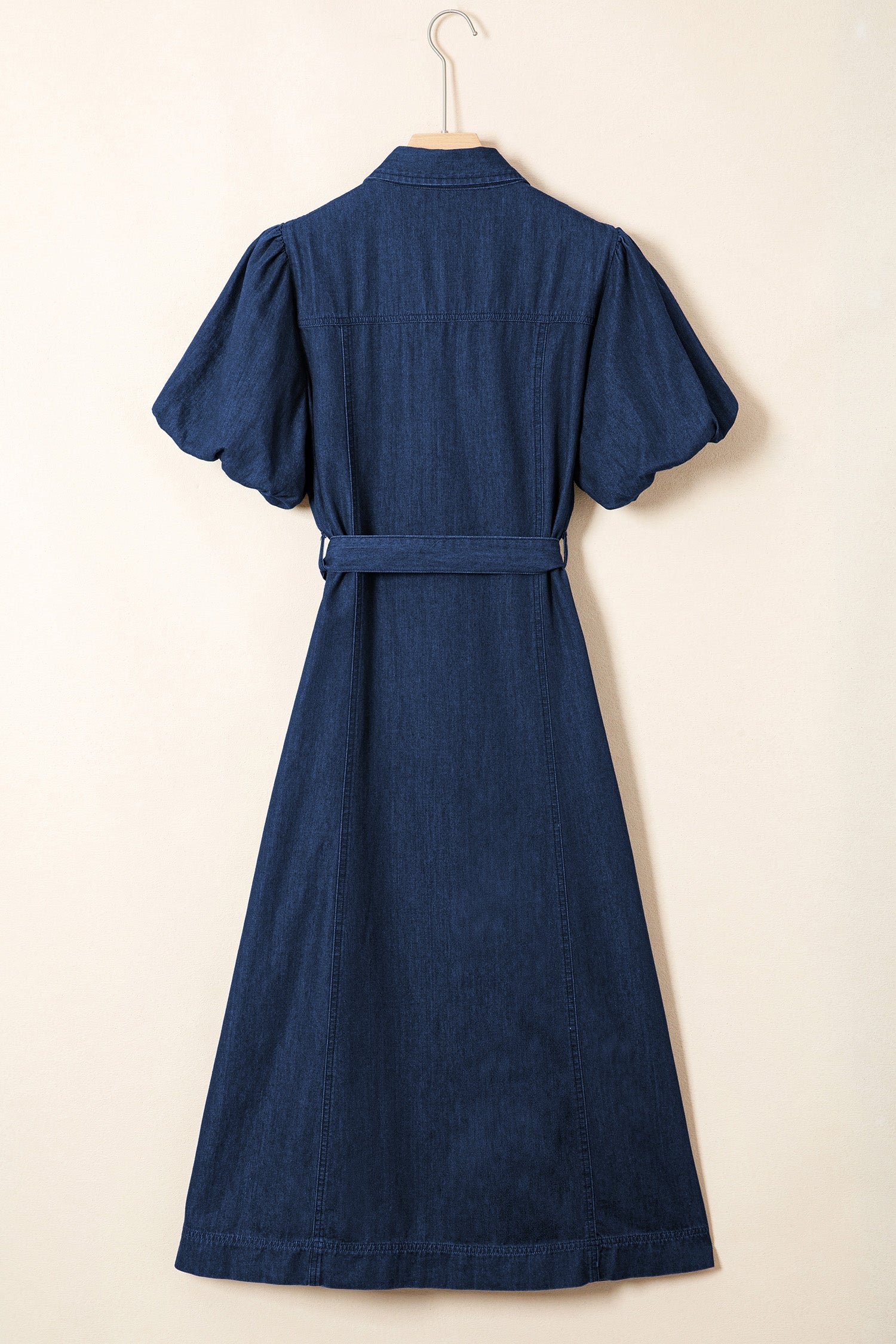 Makayla Bubble Sleeve Denim Button Down Midi Dress in Dark Blue