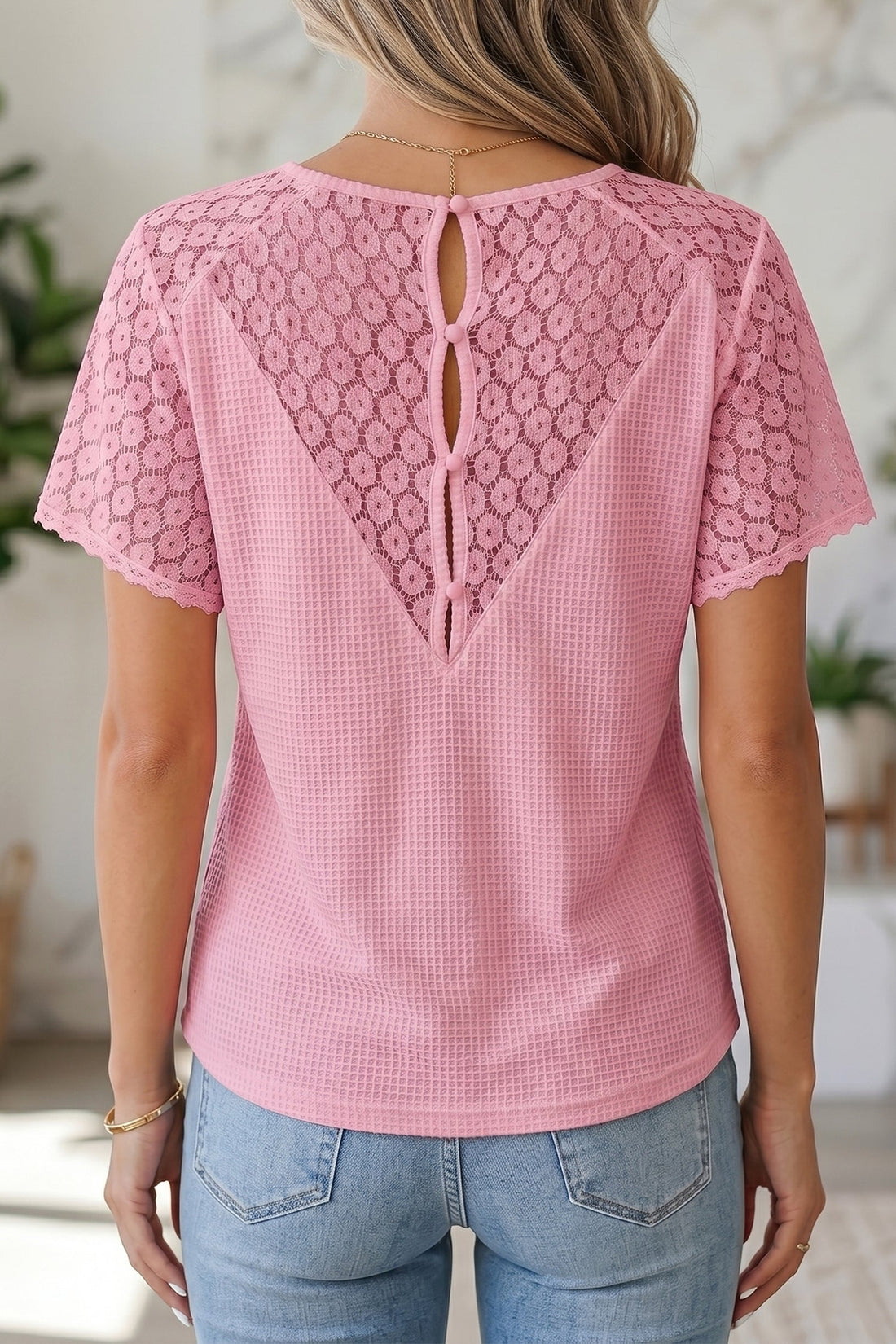 Nyomi Women’s Pink Waffle Knit V-Neck Blouse with Lace Details