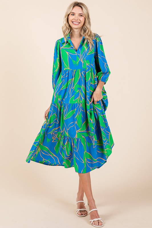 Tiered Printed Midi Dress with Collared Neck in Blue and Green