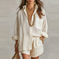 Women's Solid Color Casual Long Sleeve Shirt and Shorts Set - Image 6