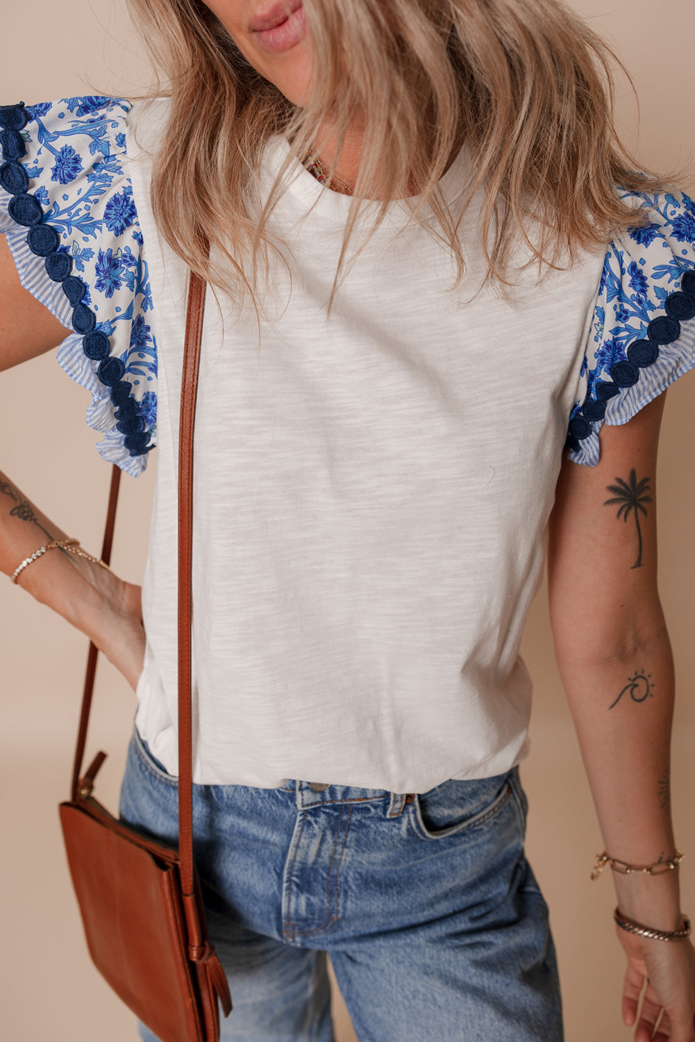 Rose Floral Striped Patchwork Flutter Sleeve Blouse