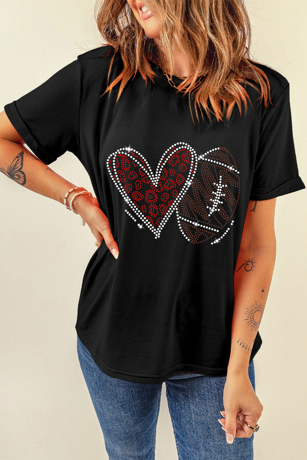 Black Rhinestone Heart Rugby Graphic Crewneck T-Shirt