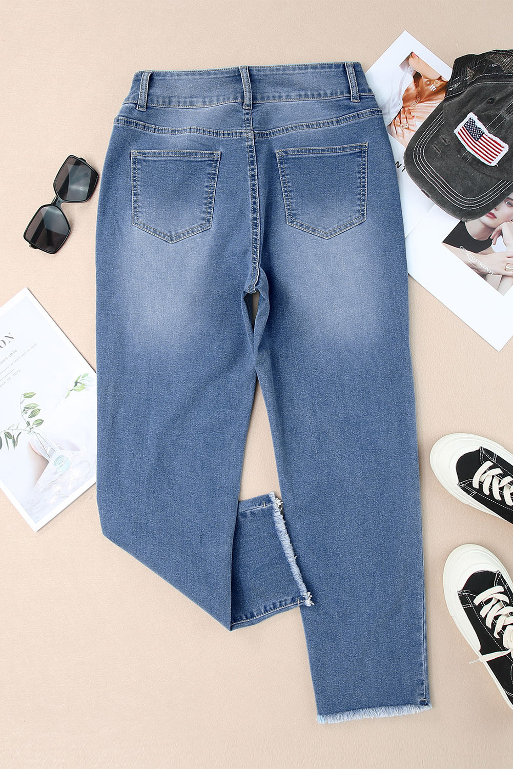 Buttoned High Waist Raw Hem Skinny Jeans in Blue