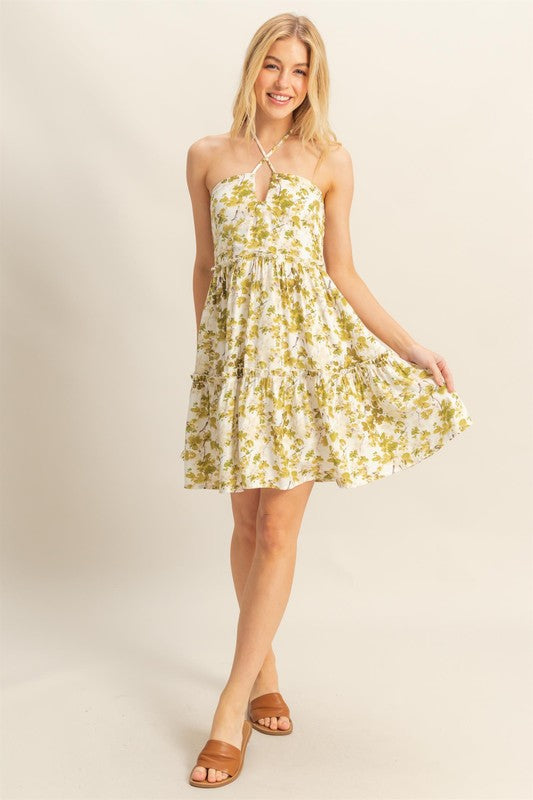 Floral Print Halter Neck Tiered Mini Dress with Crisscross Detail