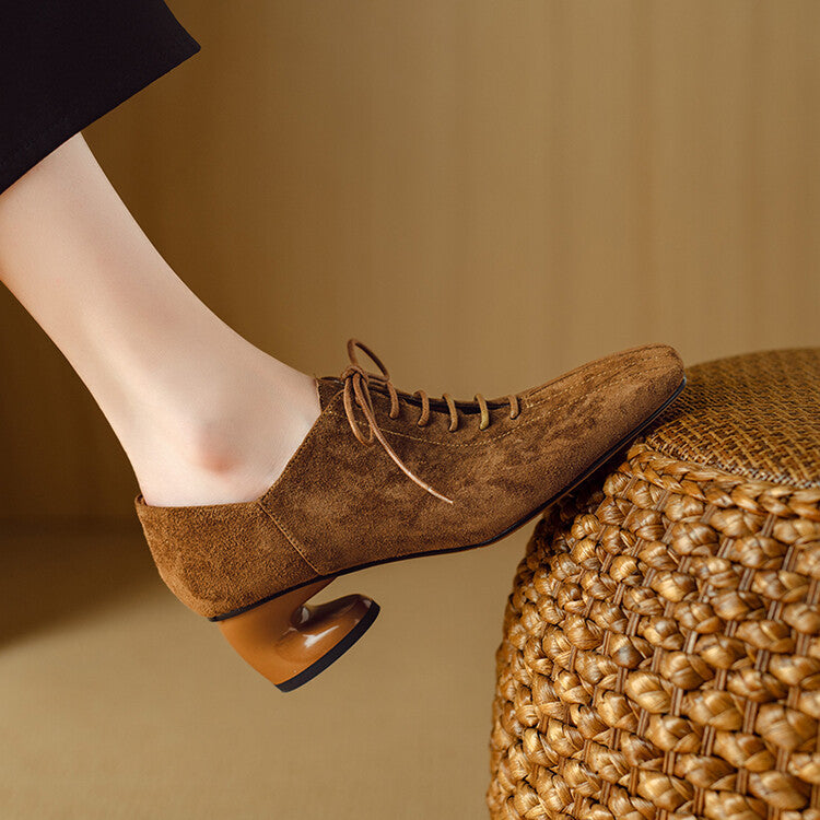 Women's Brown Suede Square Toe Lace-Up Mid Chunky Heel Pumps - Image 2