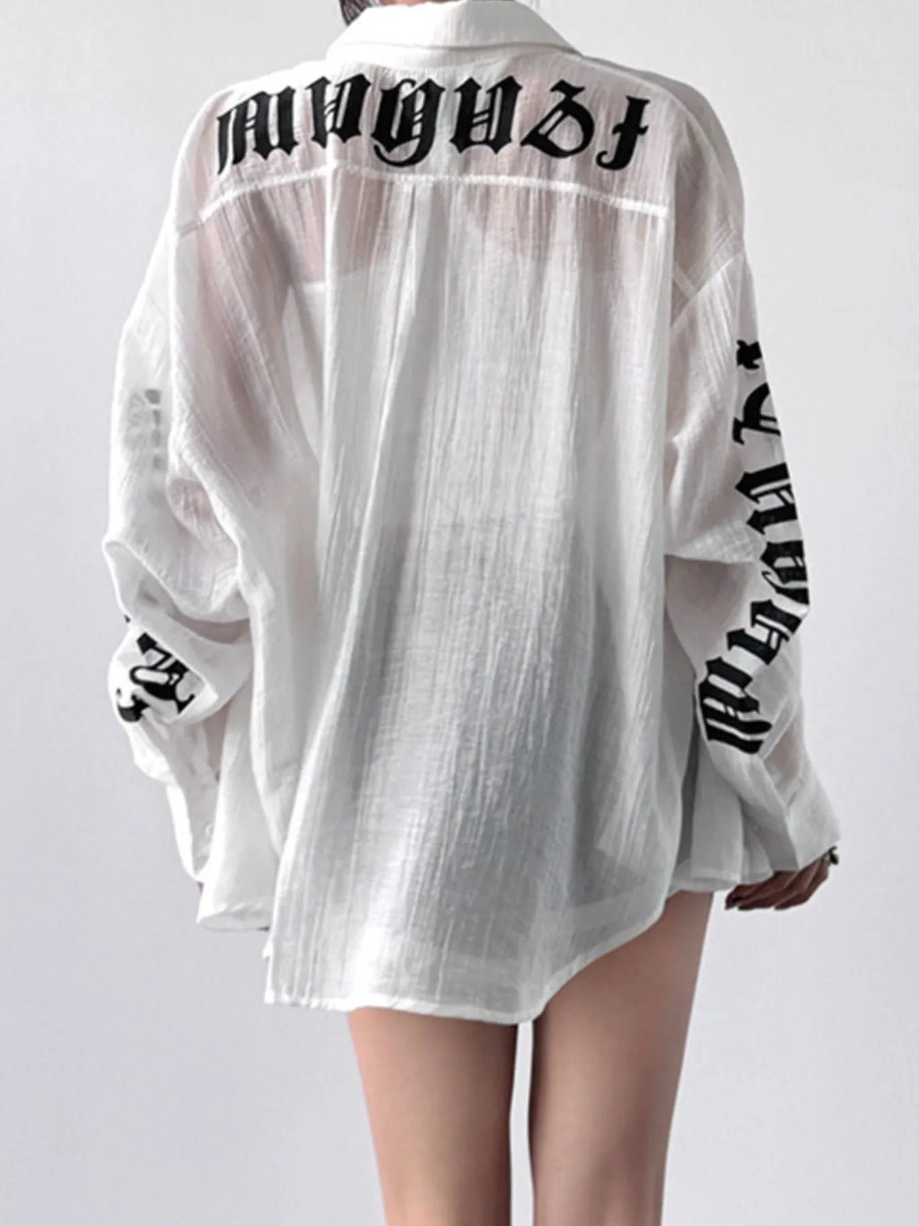 Oversized Sheer Long Sleeve Button-Up Shirt in White - Image 5