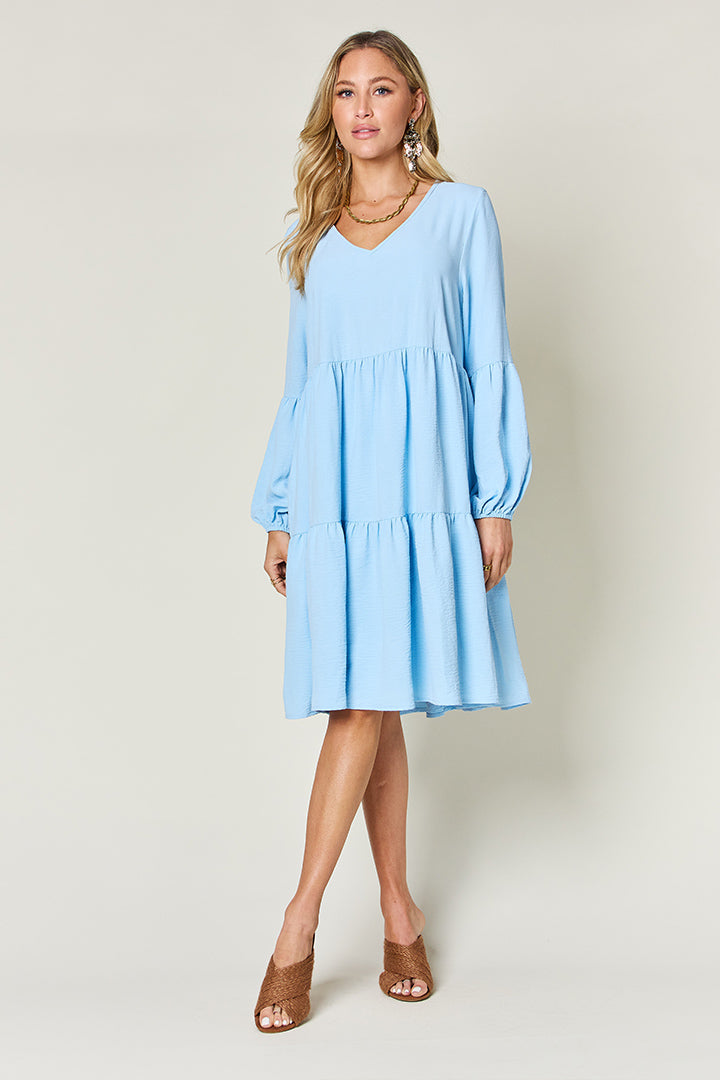 Light Green V-Neck Tiered Midi Dress with Side Pockets