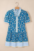 Floral Ruffle Stripe Trim Short Sleeve Buttoned Dress