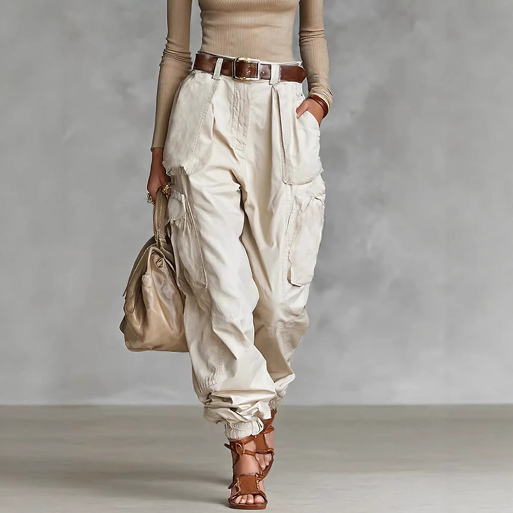 Women's High-Waist Beige Cargo Joggers with Elastic Cuffs - Image 2