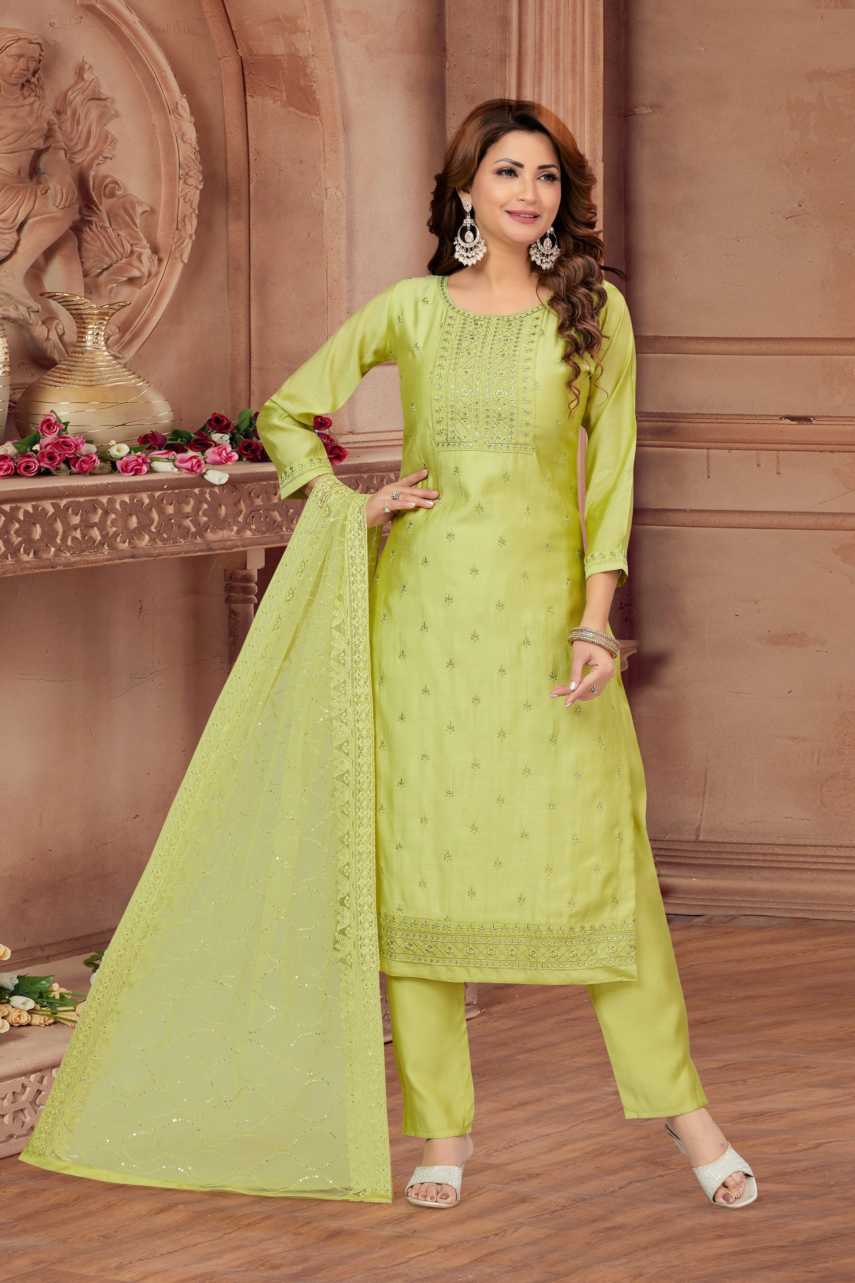 Joban Fashion Pista Soft Silk Resham Embroidery Work Kurta Set