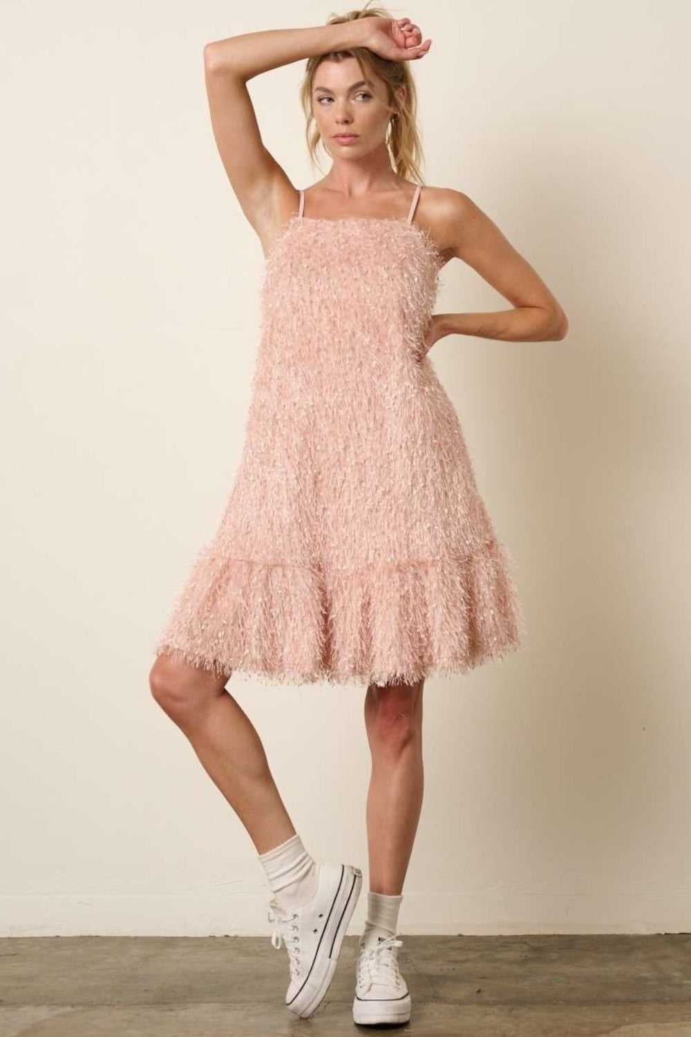 Feather Ruffle Hem Mini Cami Dress in Blush Pink