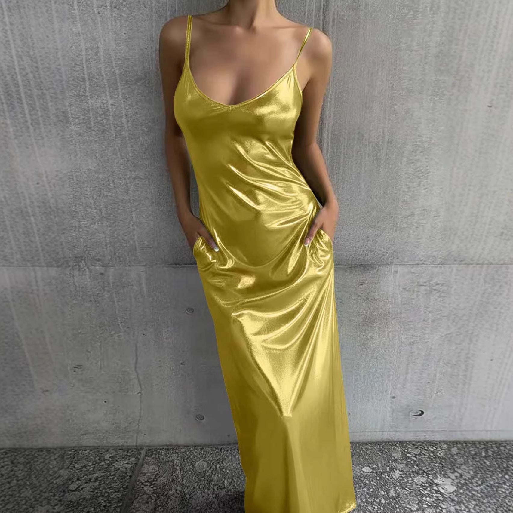 Textured Mirror-Finish Maxi Slip Dress with Pockets - Image 3