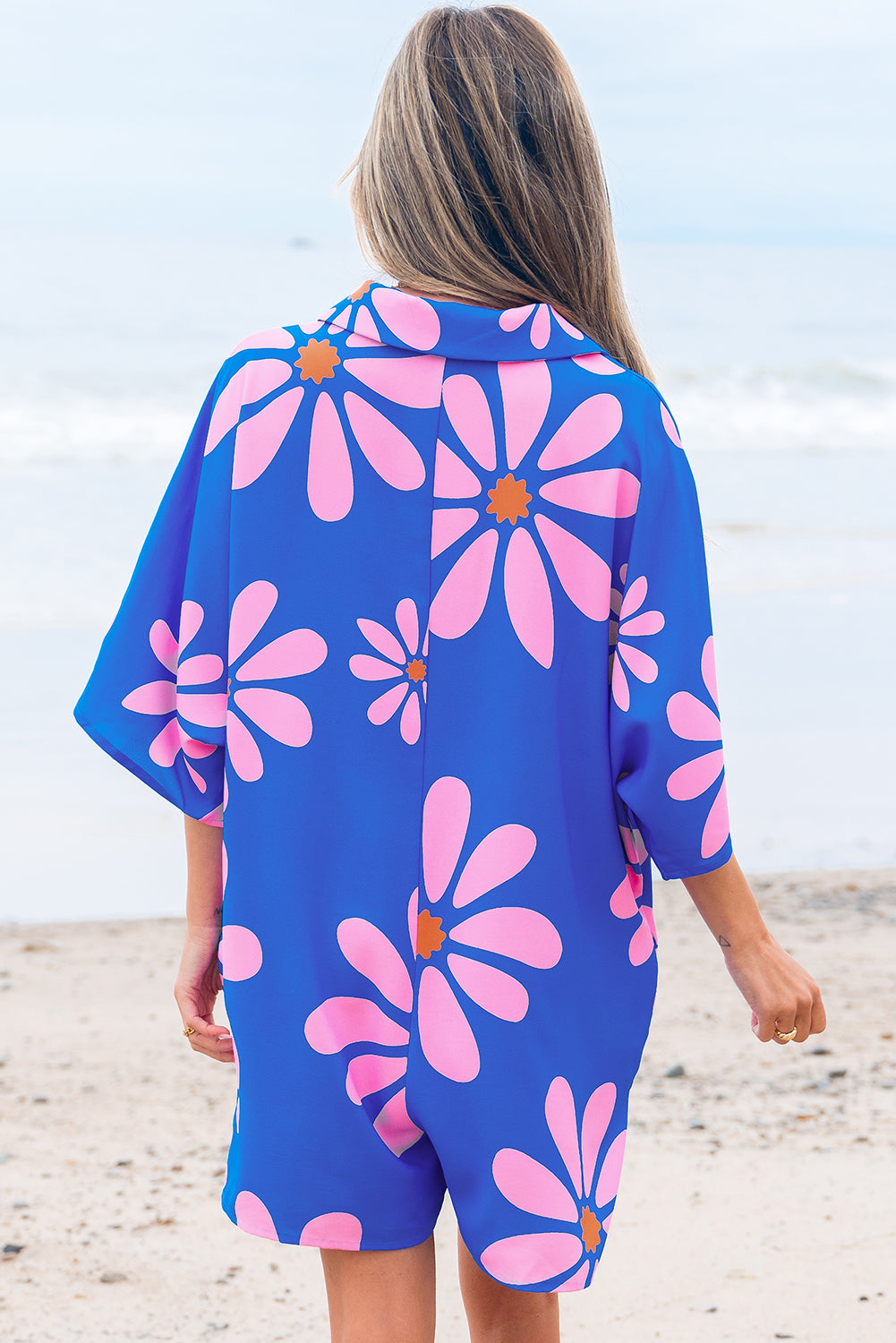 Blue Flower Print Shirt Collar Button Front Loose Romper
