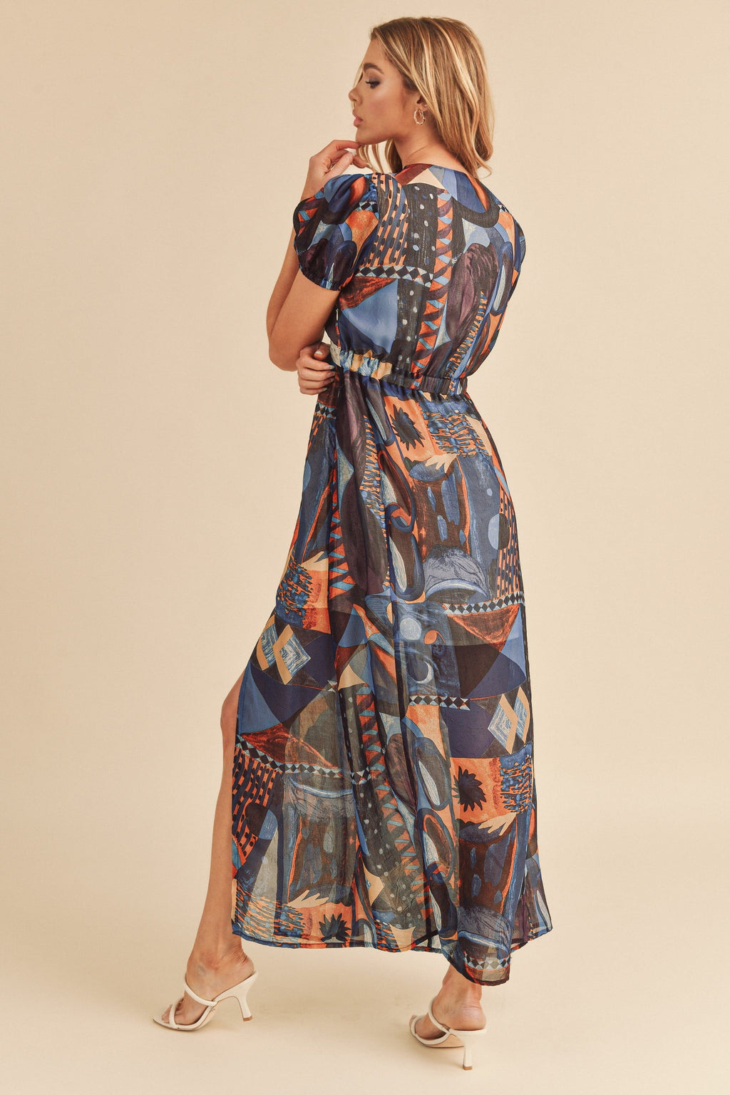 Geometric Print Maxi Dress with Lace Detail and Slit