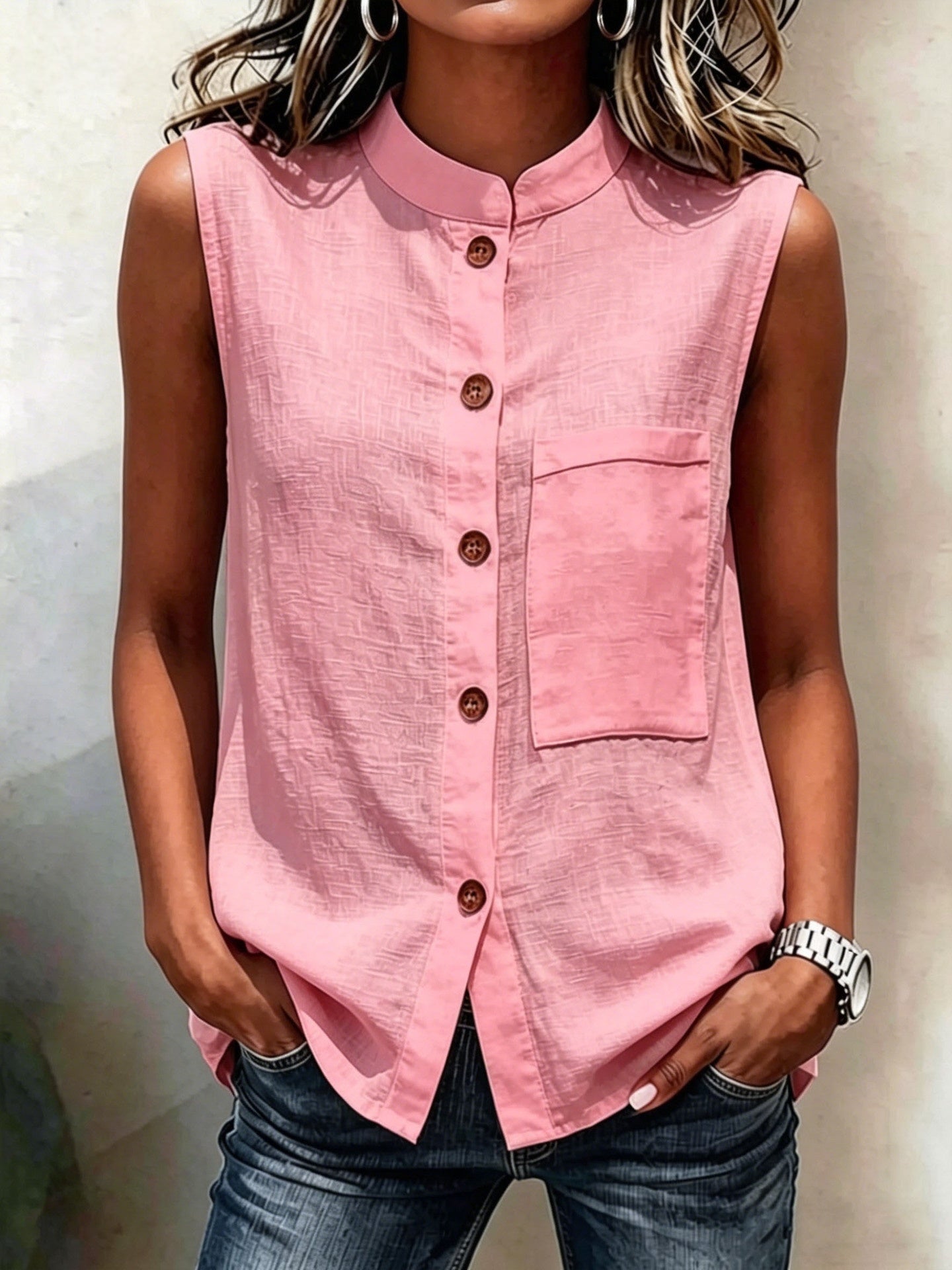 Women's Sleeveless Button-Down Blouse with Chest Pocket - Image 7