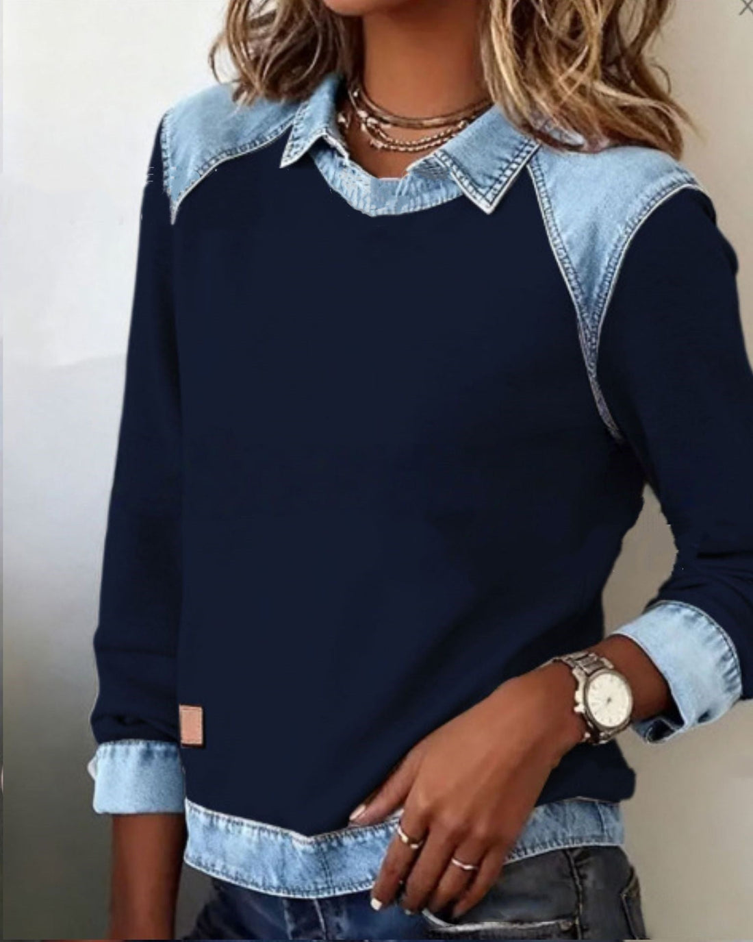Denim Collar Patchwork Knit Pullover – Women’s Street Style Top