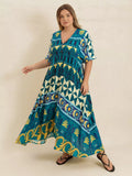 Plus Size Printed V-Neck Half Sleeve Midi Dress