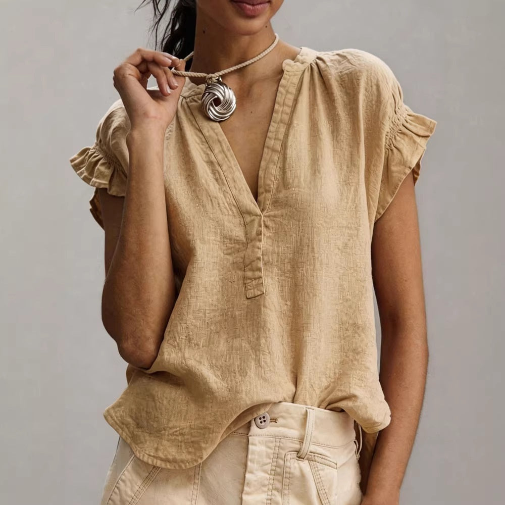 Cotton-Linen V-Neck Top with Petal Sleeves