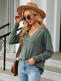 Women's V-Neck Long Sleeve T-Shirt with Button Cuff Detail - Image 4