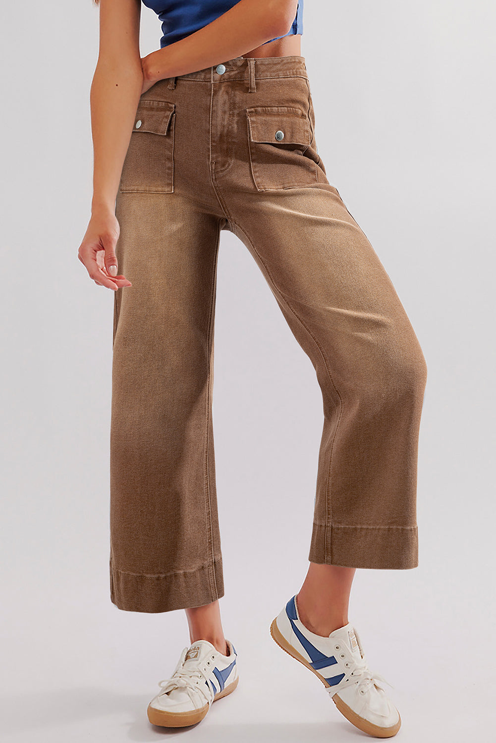 Brown Flap Pocket Front Straight Cropped Jeans