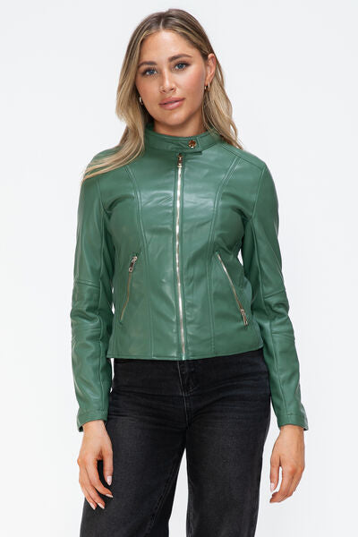 Women's Faux Leather Zip-Up Hooded Jacket Casual Urban Streetwear