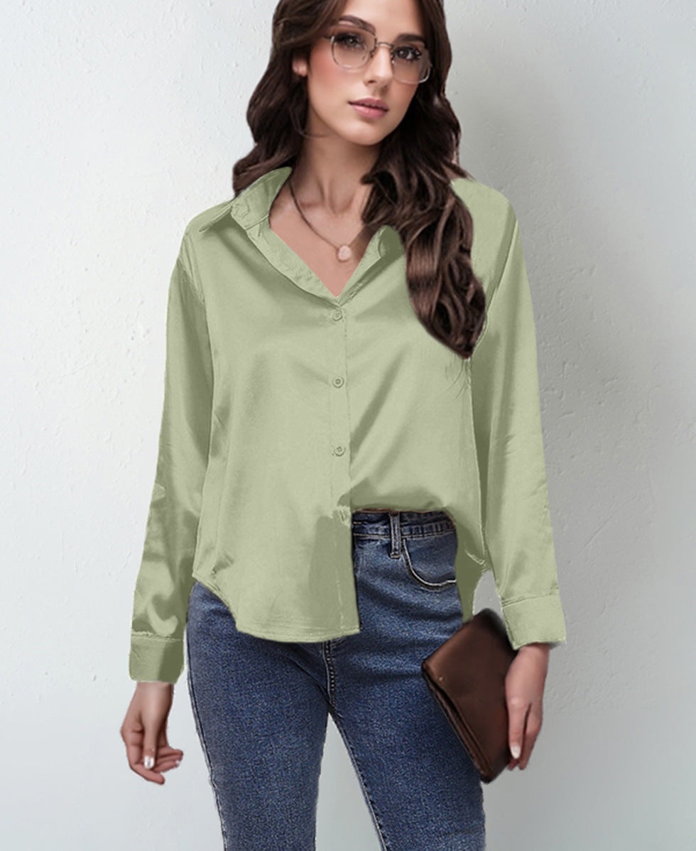 Women’s Satin Lapel Button-Down Blouse Long Sleeve Shirt