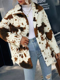 Black and White Cow Print Fuzzy Collared Button Up Jacket