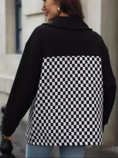 Black Checkered Snap Down Long Sleeve Jacket Functional Outerwear