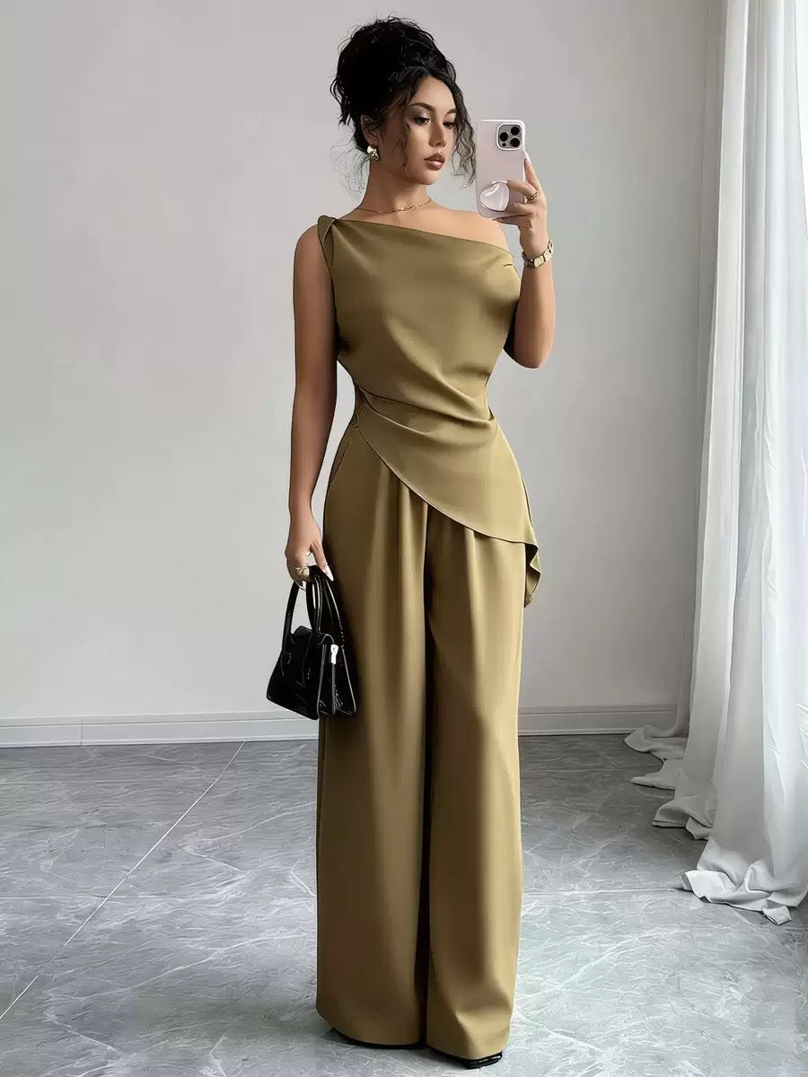 One-Shoulder Asymmetric Top & Wide-Leg Pants 2-Piece Co-ord Set