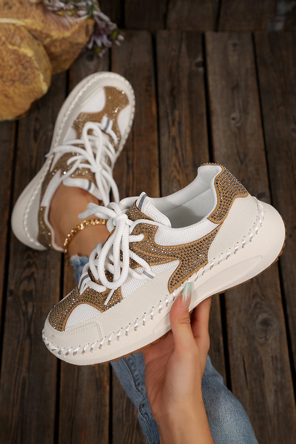 White Rhinestone Platform Sneakers Casual Lace Up Trainers