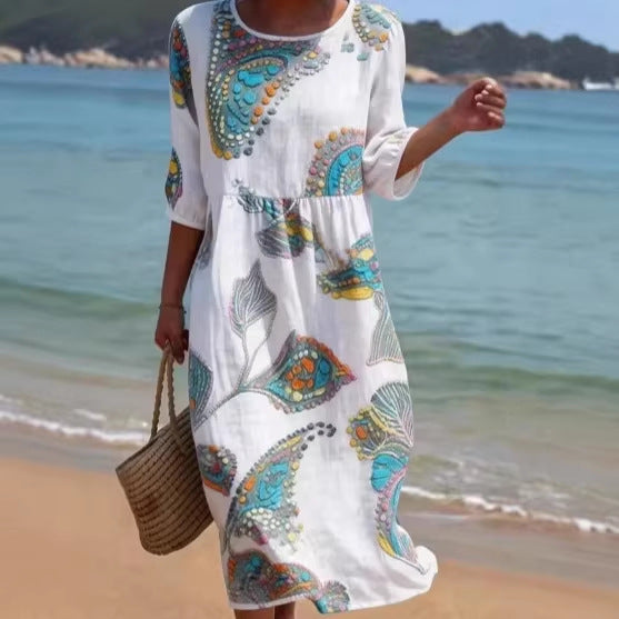 A woman wearing a long-sleeve midi dress with a 3D floral print and crew neckline.
