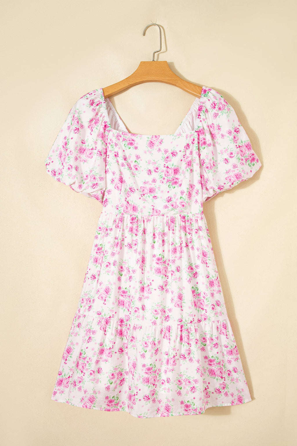 Floral Square Neck Bow Tie Back Mini Dress in White and Pink