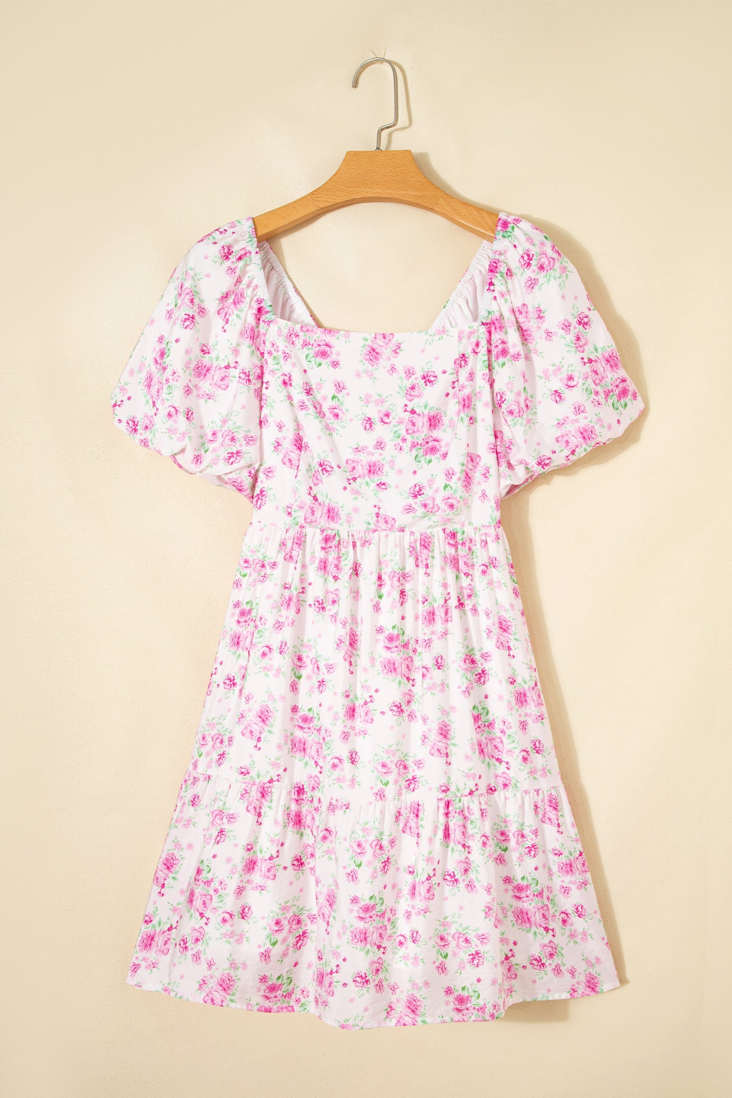 Floral Square Neck Bow Tie Back Mini Dress in White and Pink