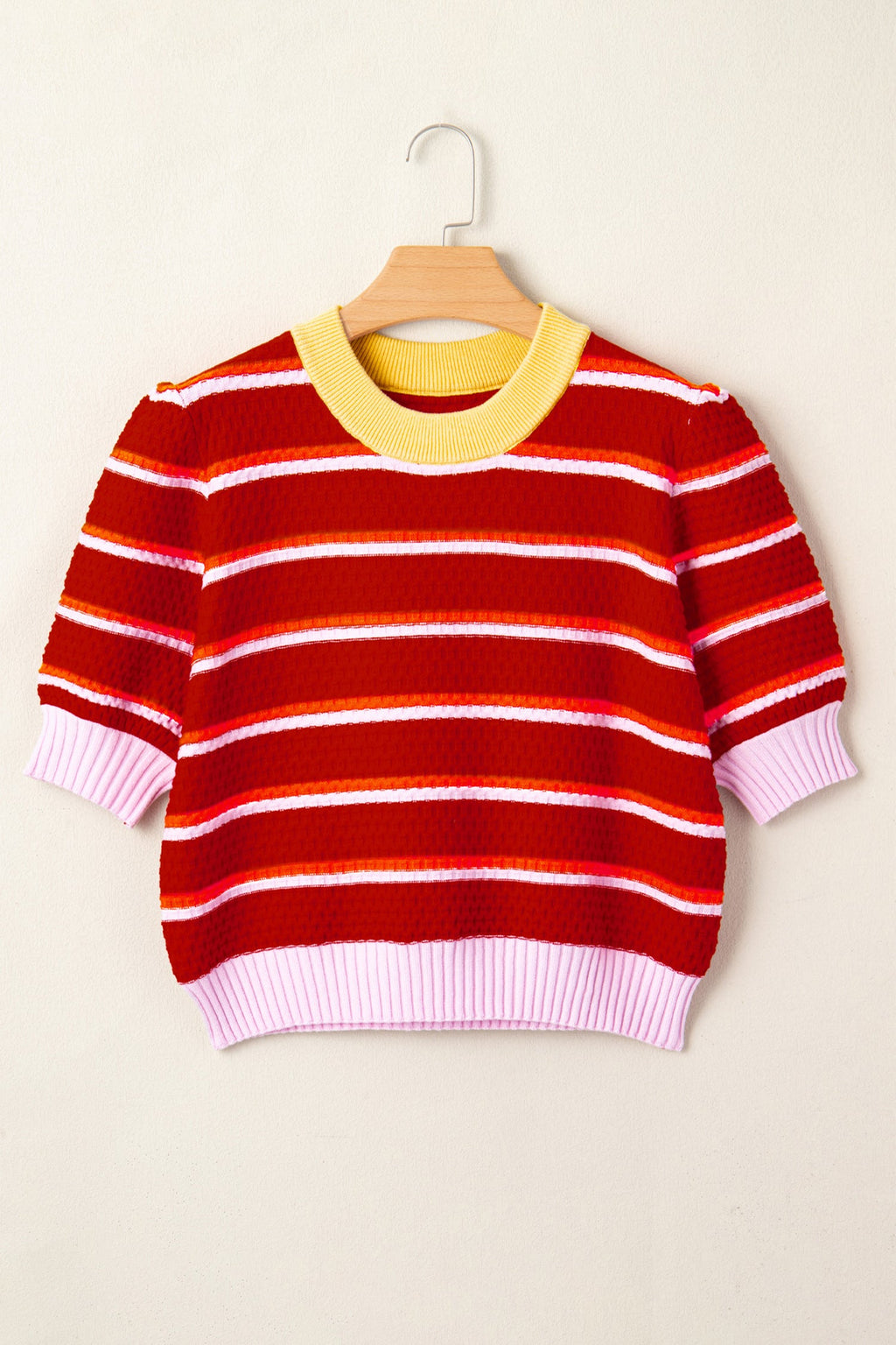 Stripe Colorblock Trim Half Sleeve Sweater Top