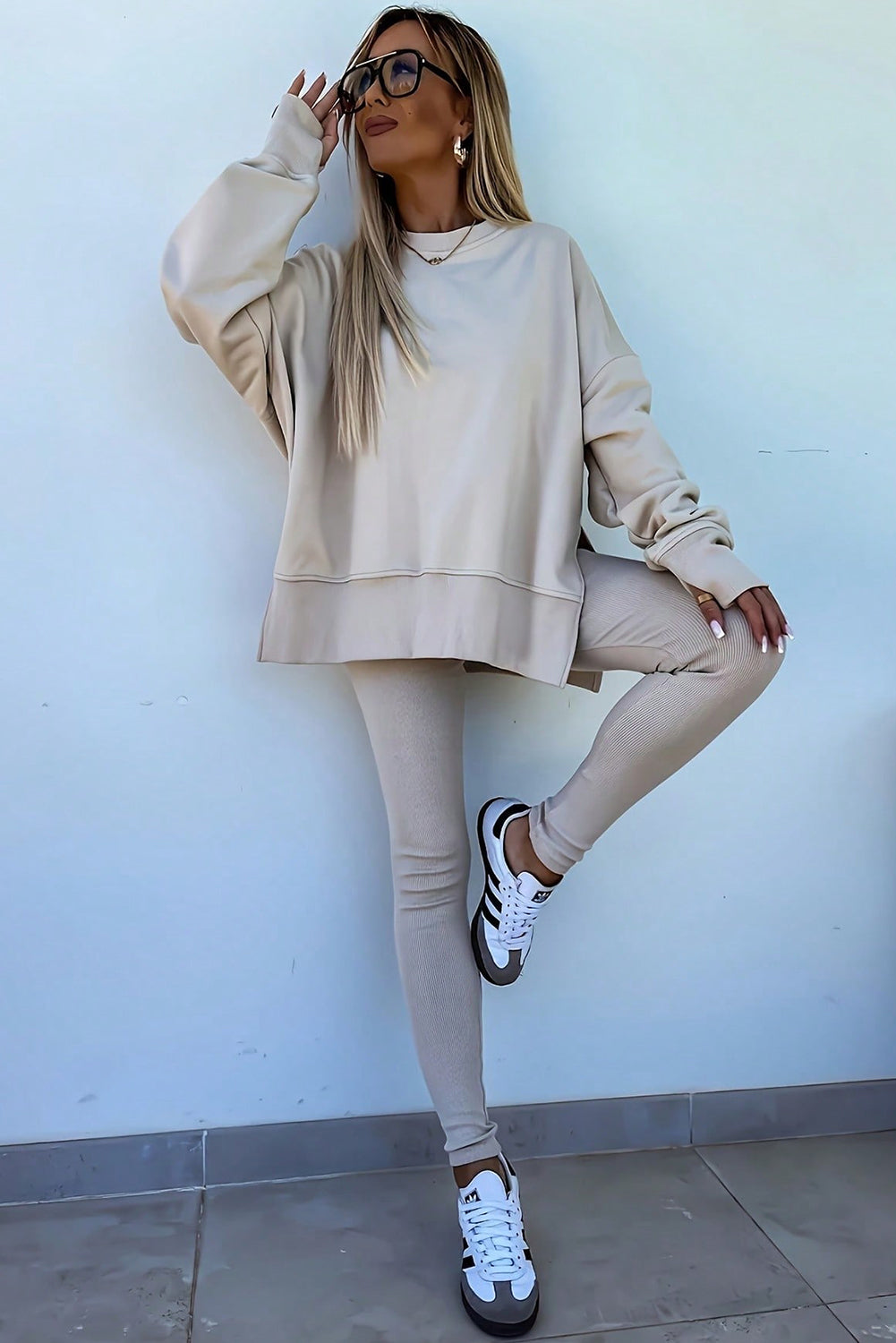 Jet Stream Oversize Slit Sweatshirt & Ribbed Leggings Set
