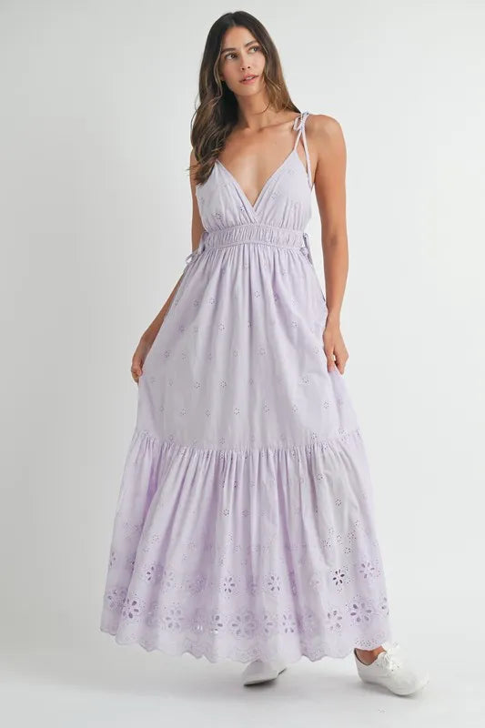 Light-Purple Eyelet Lace Maxi Dress with Modern Side Strap Detail