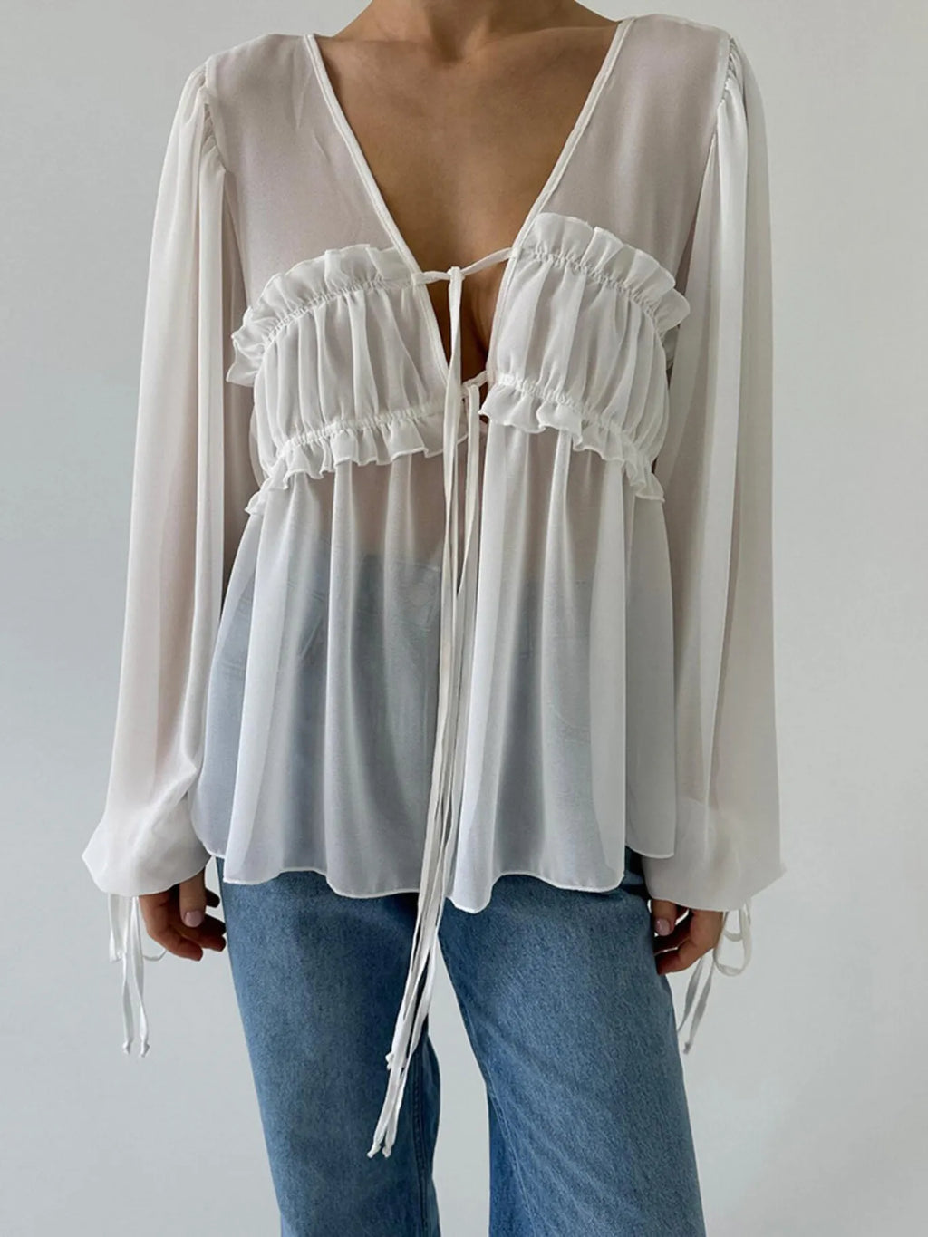 White Ruffled Tie Front Long Sleeve Sheer Blouse - Image 6