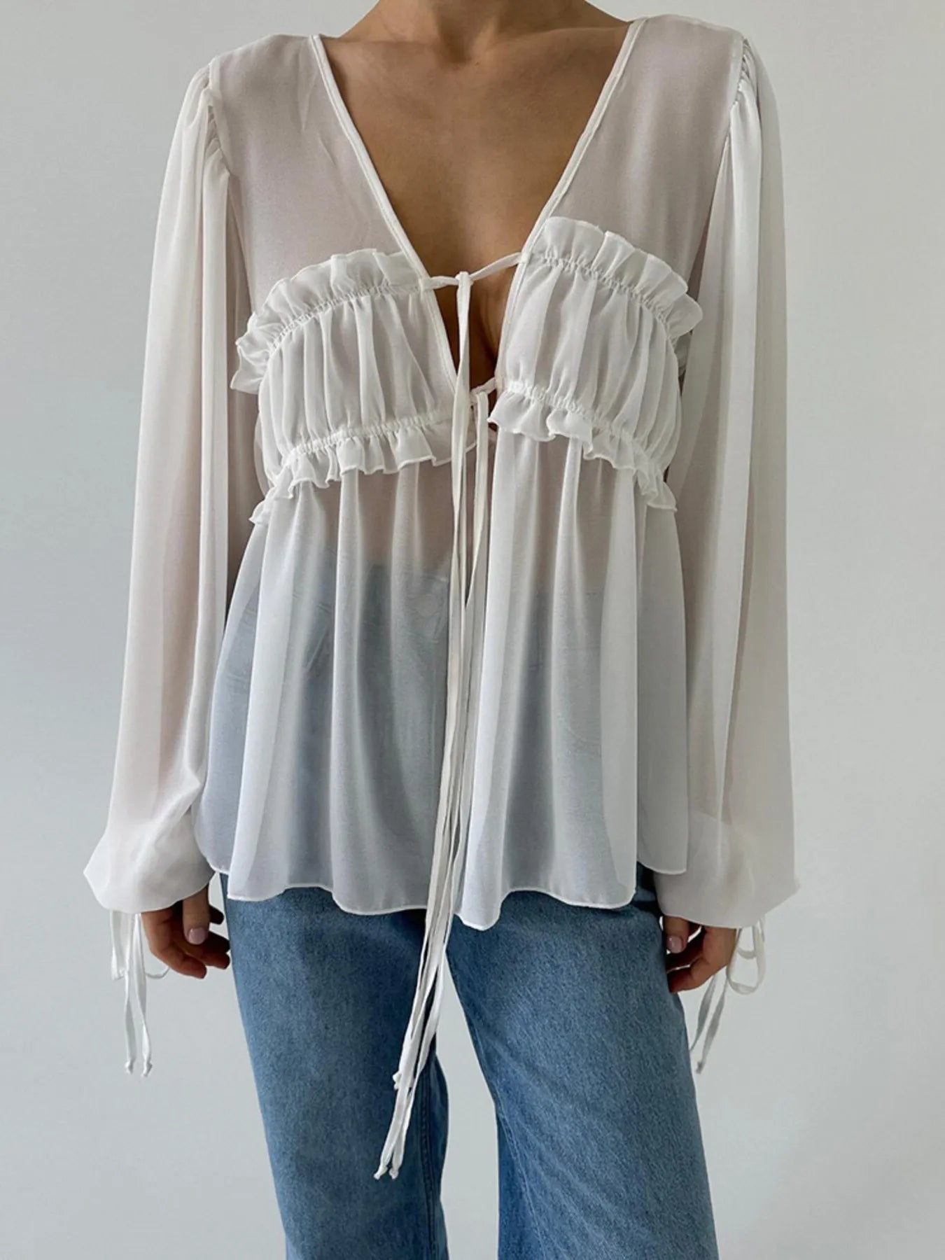 White Ruffled Tie Front Long Sleeve Sheer Blouse - Image 6