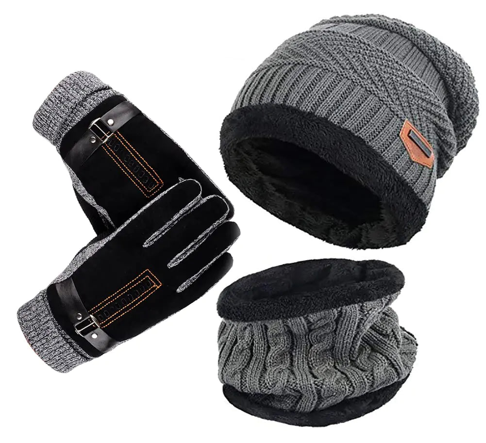 Knitted Hat and Scarf Set Winter Fleece Lining Wool Beanie Hat Neck Warmers for Men Women (Gray)