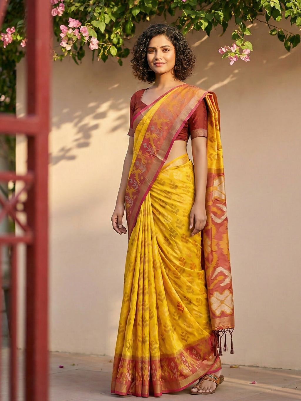 Vibrant yellow Pochampally silk saree with traditional geometric weave